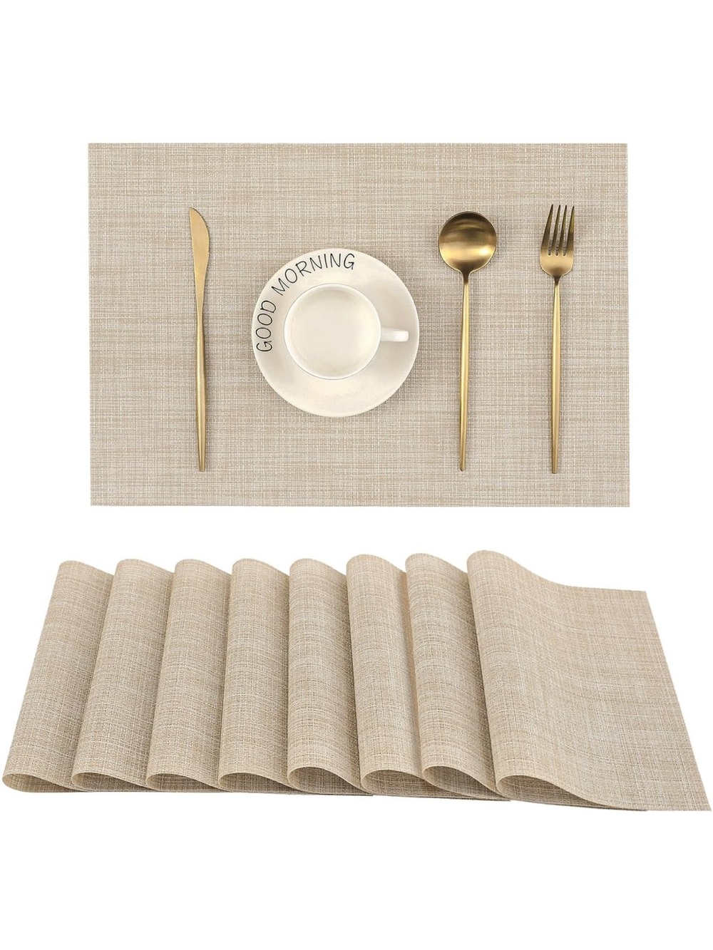 NEW Leetaltree Woven Vinyl Beige Placemats Set of 8 - Linen Look & Easy to Clean